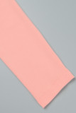 Розовый сексуальный повседневный однотонный пэчворк с контрастной молнией и круглым вырезом с длинным рукавом из двух частей