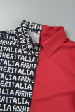 Abiti casual rossi con stampa di lettere patchwork con colletto rovesciato e camicia