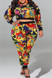 Yellow Casual Sweet Print Patchwork O Neck Plus Size Two Pieces