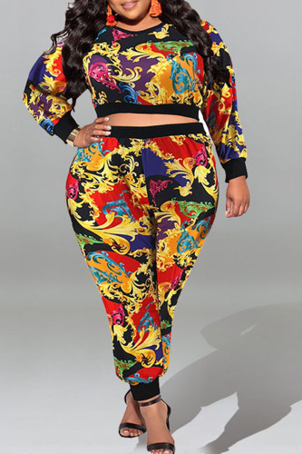 Red Casual Sweet Print Patchwork O Neck Plus Size Two Pieces