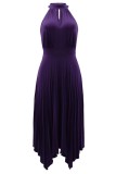 Deep Blue Casual Solid Hollowed Out Asymmetrical O Neck Pleated Dresses