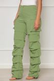 Pantalones callejeros de patchwork liso con cordón y bolsillo doblado regular cintura media recta color sólido negro