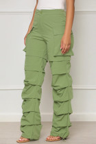 Matcha Green Street Solid Patchwork Draw String Pocket Fold Regular Vita media Pantaloni dritti in tinta unita