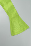 Fluorescerend groen, casual print, patchwork, kraag, lange mouwen, twee stukken