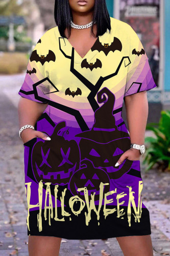 Purple Yellow Halloween Casual Graphics Print Basic V Neck Short Sleeve Loose Pockets Midi T-Shirt Dress