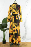 Gelbe, elegante, geometrische Hemdblusenkleider mit Taschenschnalle und Volant, Umlegekragen