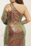 Gold Sexy Patchwork Backless Oblique Collar Sleeveless Dress Plus Size Dresses (Subject To The Actual Object)