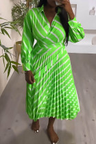 グリーン カジュアル プリント 小帯 ターンダウン カラー 長袖 ドレス
