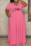 Pink Casual Letter Print Patchwork V Neck Short Sleeve Dress Plus Size Dresses