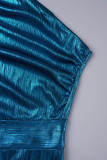 Robe de soirée bleue sexy, couleur unie, dos nu, col oblique