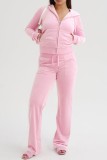 Pink Casual Solid Patchwork Hooded Collar Long Sleeve Two Pieces