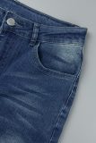 Diepblauwe casual effen patchwork skinny jeans met hoge taille