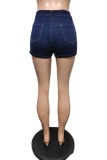 Deep Blue Casual Solid Patchwork High Waist Skinny Denim Pleated Shorts