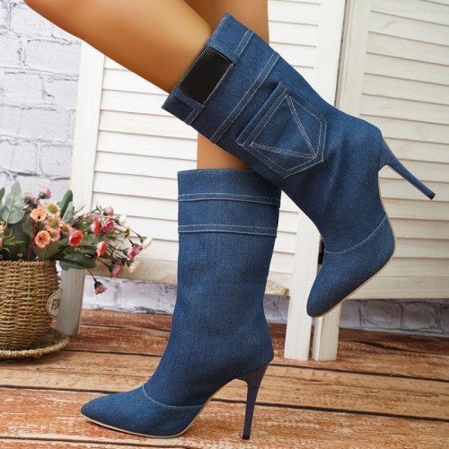 Sapatos confortáveis ​​azuis casuais diários com retalhos de cor sólida pontiagudos (altura do salto 3.54 pol.)
