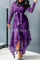 Robes décontractées violettes à manches longues et col roulé asymétrique, couleur unie, ajourées