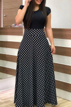 Schwarzes, lässiges Patchwork-Kleid mit O-Ausschnitt und kurzen Ärmeln in Übergröße