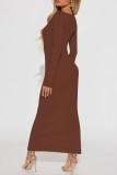 Green Casual Solid Hollowed Out Slit O Neck Long Dress Dresses