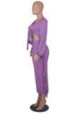 Purple Casual Solid Tassel Bandage V Neck Long Sleeve Two Pieces