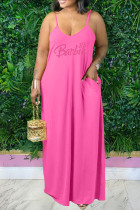 Roze sexy casual letterprint backless spaghettiband lange jurk plus size jurken