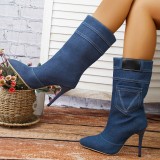 Chaussures confortables pointues bleues décontractées en patchwork de couleur unie (hauteur du talon 3.54 pouces)