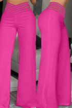 Pantalones de color sólido convencional de cintura alta regular de patchwork sólido casual rojo rosa