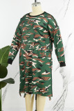 Army Green Street Print Camouflage Print évidé Patchwork O Neck Straight Robes de grande taille