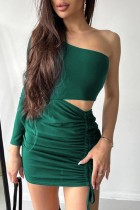 Verde sexy casual sólido sem costas dobra gola oblíqua manga longa duas peças