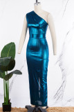 Синие сексуальные формальные однотонные вечерние платья с косым воротником и открытой спиной