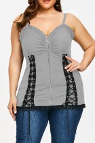 Cinza Sexy Casual Sólido Patchwork Backless Spaghetti Strap Plus Size Tops