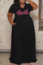 ブラック カジュアル レタープリント ベーシック Vネック 半袖ドレス プラスサイズドレス