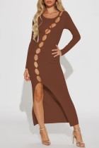 Coffee Casual Solid Hollowed Out Slit O Neck Long Dress Dresses