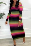 Multicolor Casual Striped Print Patchwork V Neck Long Sleeve Dresses