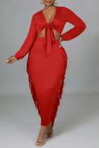 Red Casual Solid Tassel Bandage V Neck Long Sleeve Two Pieces