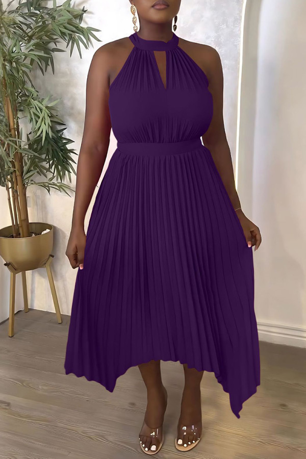 Пурпурные повседневные однотонные асимметричные плиссированные платья с круглым вырезом и вырезом