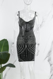 Black Sexy Patchwork Hot Drilling See-through Backless Spaghetti Strap Sleeveless Dress