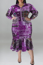 Paarse casual print patchwork kraag met lange mouwen en grote maten jurken