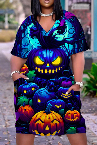 Dark Blue Halloween Casual Graphics Print Basic V Neck Short Sleeve Loose Pockets Midi T-Shirt Dress