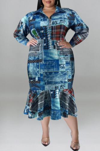 Light Blue Casual Print Patchwork Turndown Collar Long Sleeve Plus Size Dresses