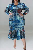 Azul claro casual estampado patchwork turndown colarinho manga comprida vestidos plus size