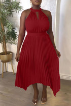 Red Casual Solid Hollowed Out Asymmetrical O Neck Pleated Dresses