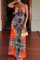 Colour Sexy Casual Print Backless Spaghetti Strap Long Dress Dresses