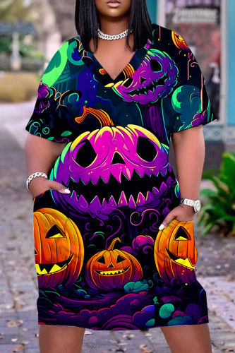 Purple Halloween Casual Graphics Print Basic V Neck Short Sleeve Loose Pockets Midi T-Shirt Dress