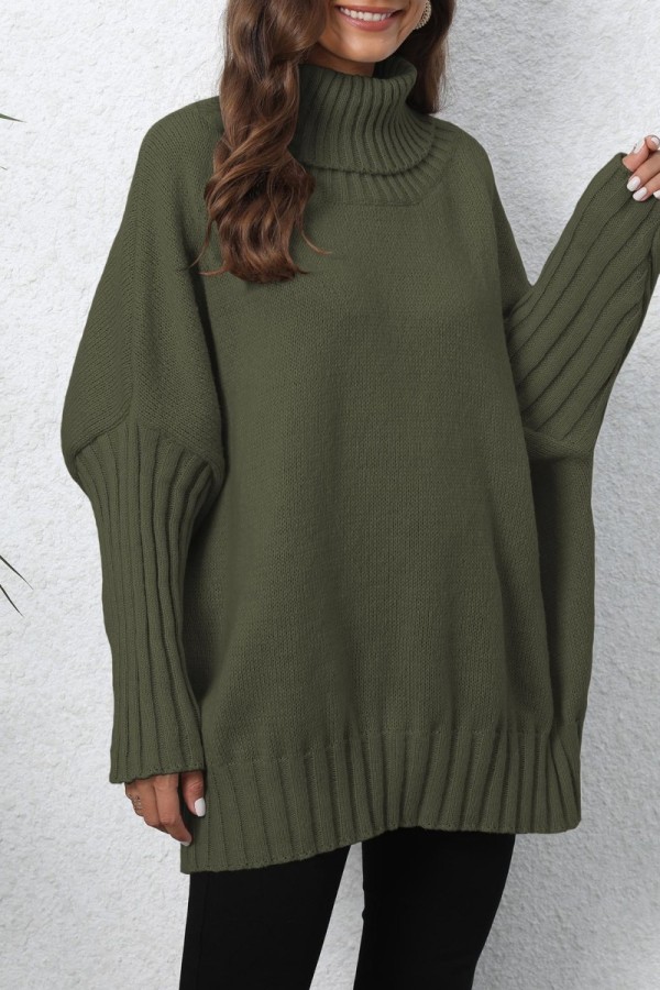 Army Green Casual Solid Patchwork Toppar med turtleneck