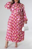 Rosafarbene, lässige, plissierte Frenulum-Kleider mit O-Ausschnitt und langen Ärmeln in Übergröße