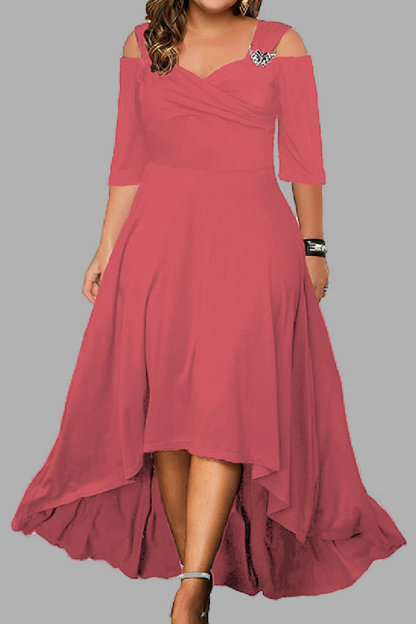 Roze casual effen asymmetrische lange jurk met V-hals Plus maten jurken