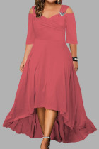 Vestido longo rosa casual sólido assimétrico com decote em V Vestidos plus size