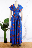 Robes trapèze bleues à imprimé vintage, patchwork, dos nu, col en V