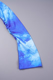 Blå Sexig Street Tie Dye Patchwork utskrift V-hals långärmad två stycken