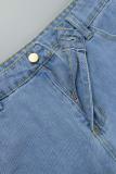 Babyblå Casual Solid Patchwork Vanliga jeansshorts med hög midja