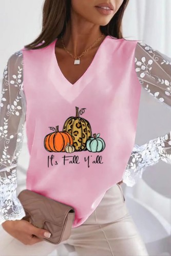 Pink Orange Casual Print Patchwork V Neck Tops